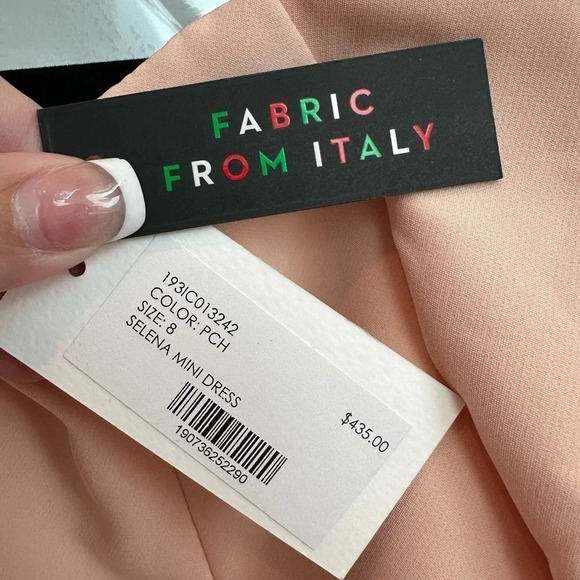 MILLY Selena Peach Italian Cady Off Shoulder Slit Side Sheath Dress Size 8 M NWT - Picture 6 of 13